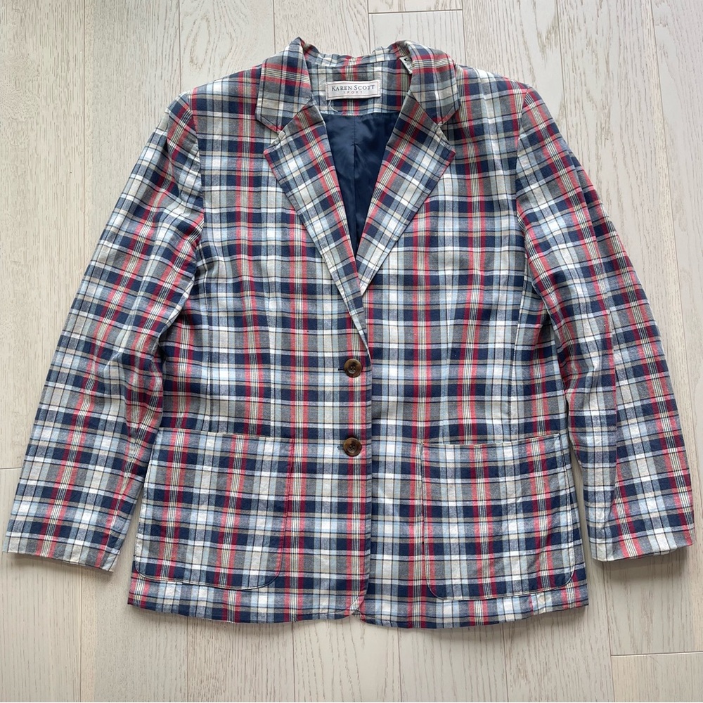 Vintage 90s Karen Scott Sport 100% Cotton Plaid Lightweight Preppy Button Blazer